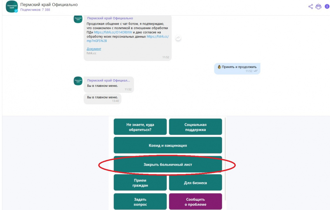 В чат-боте «Пермский край официально» жители Перми могут дистанционно закрыть больничный